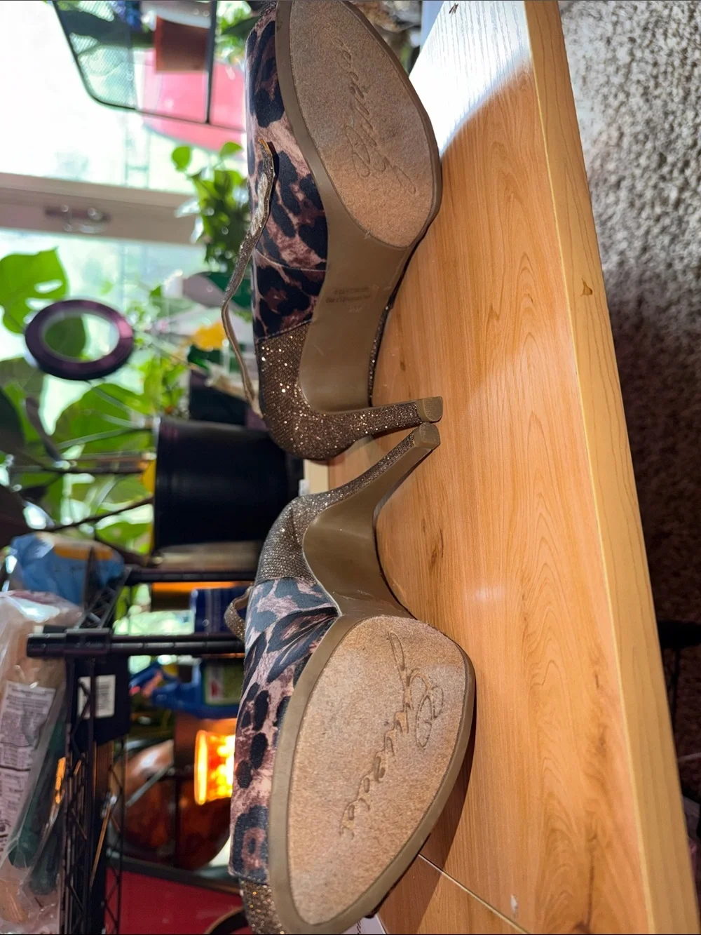 GUESS Leopard Print Peep-Toe Heels with Gold Glitter Accents